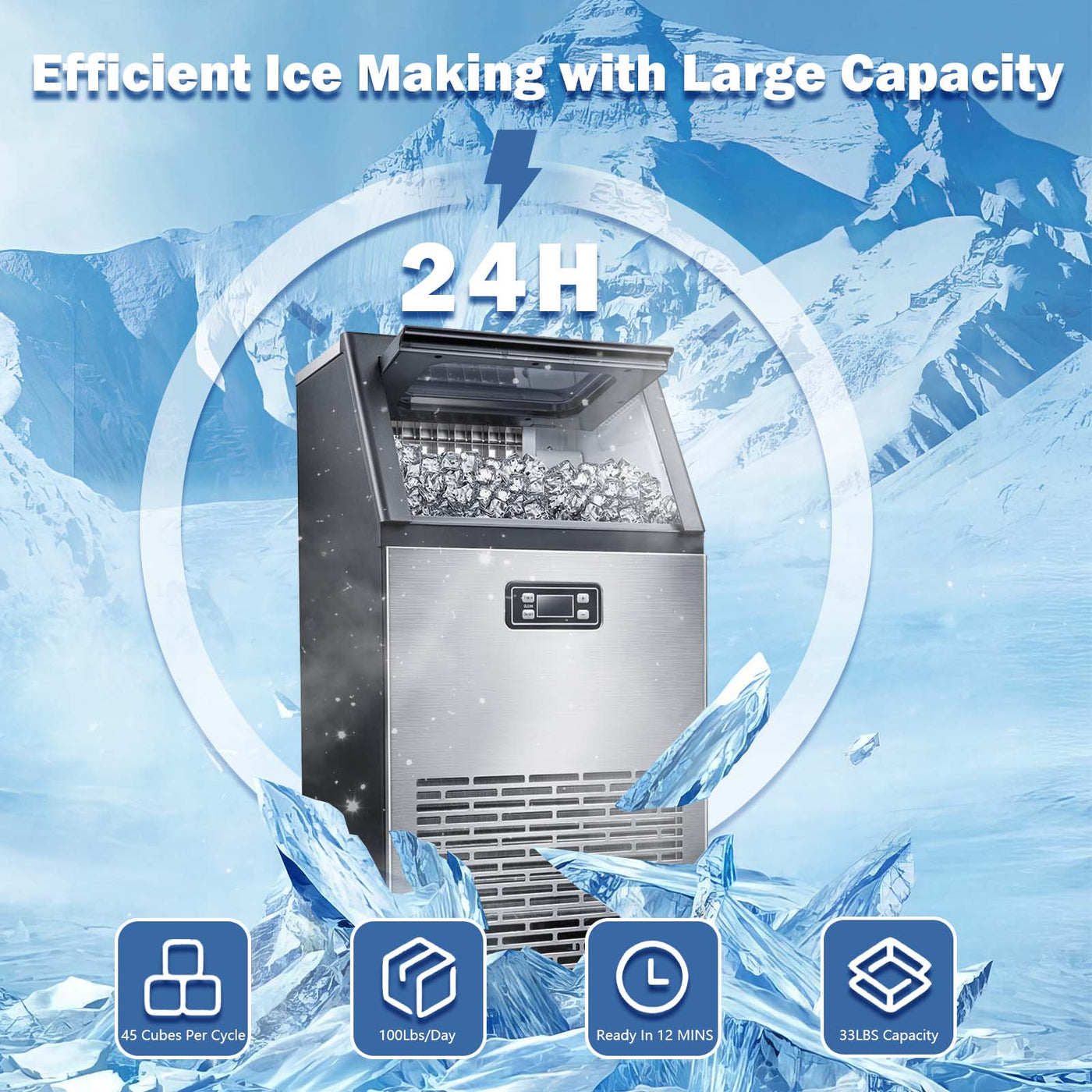 Commercial Ice Maker Machine,Water Inlet Modes for Home/Restaurant/Bar/Cafe - 15.28*14.57*31.42 - Stainless Steel